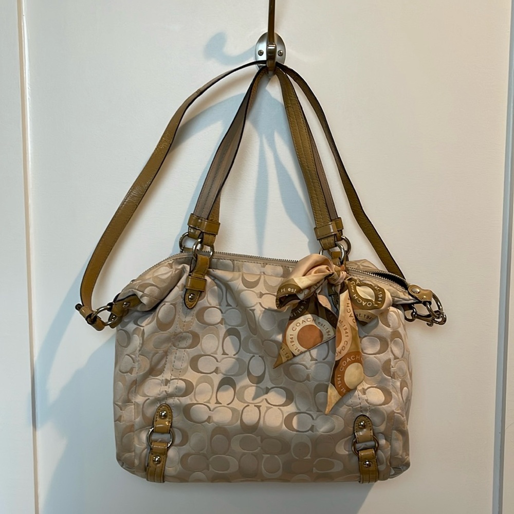 Coach Beige Signature Canvas Crossbody with Tan Leather Accents